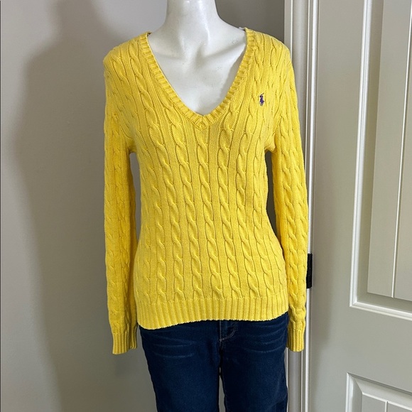 Polo Ralph Lauren Cable-Knit Cotton VNeck Sweater Yellow Pony Purple Sz L - Picture 3 of 11